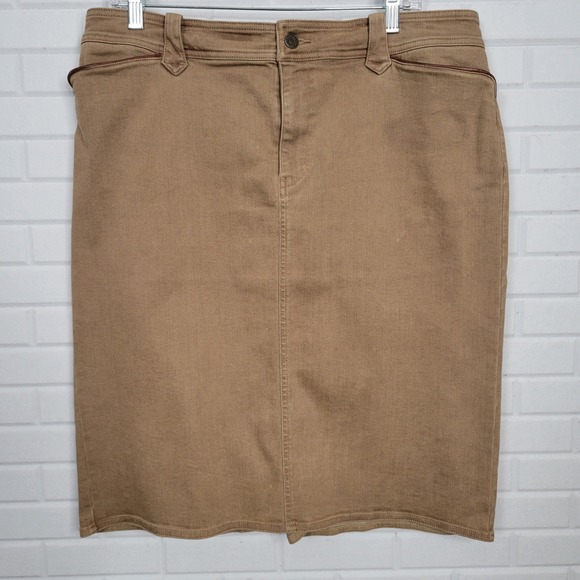 Lauren Jeans Co Ralph Lauren Tan Denim Skirt Leather Trim Pockets Size 12 - Picture 6 of 12